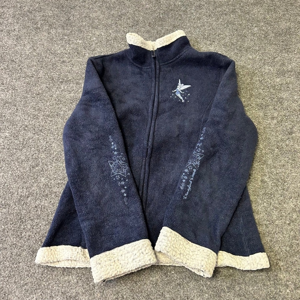 Disney Fleece Jacket Womens Size S Navy Blue Tinker Bell Sherpa Trim Zip Up Up